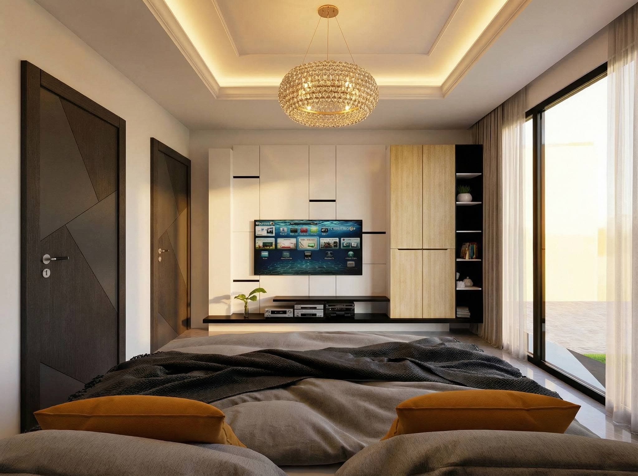 Smart bedroom interior with integrated wall-mounted screen and ambient lighting