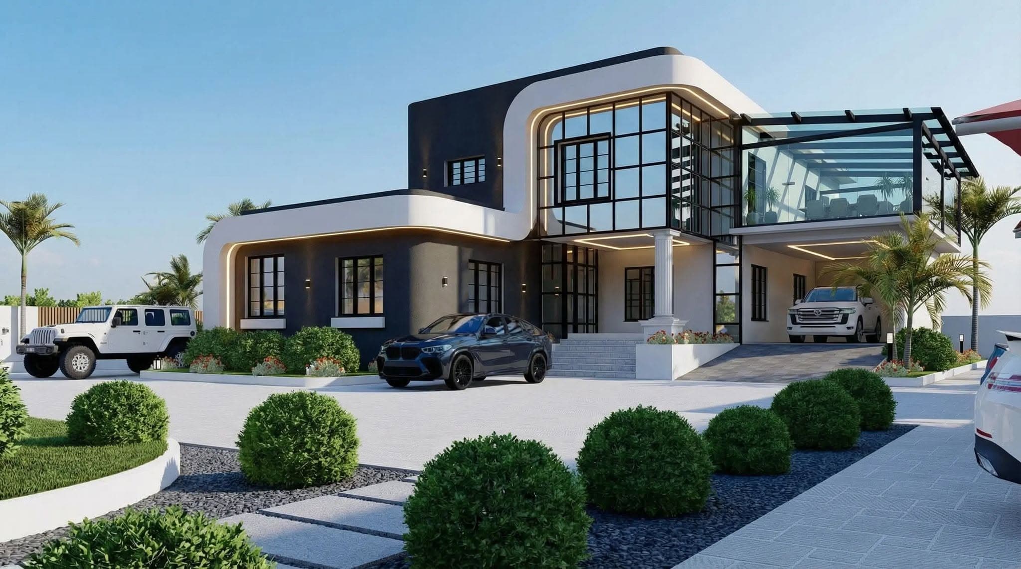 Contemporary luxury villa with glazed facade designed and built by Zoedua Home Designs & Build in Liberia